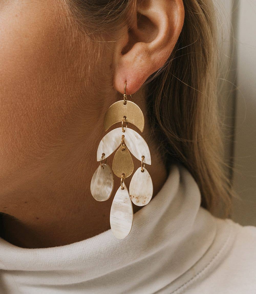 Madhu Teardrop Chandelier Earrings - Carved Horn