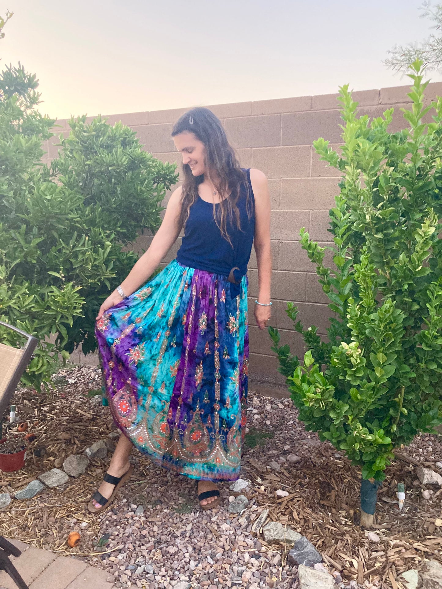 Magic Carpet Ride Tye Dye Sequined Long Skirt
