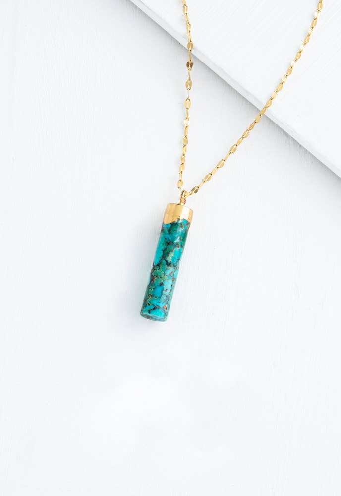 Pillar Necklace in Turquoise- 14K Gold Plated Pendant Necklace with Turquoise Cylinder Pendant