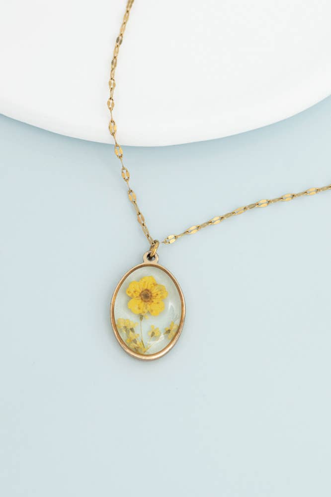 In Bloom Necklace- 14K Gold Plated Resin Floral Oval Pendant Necklace