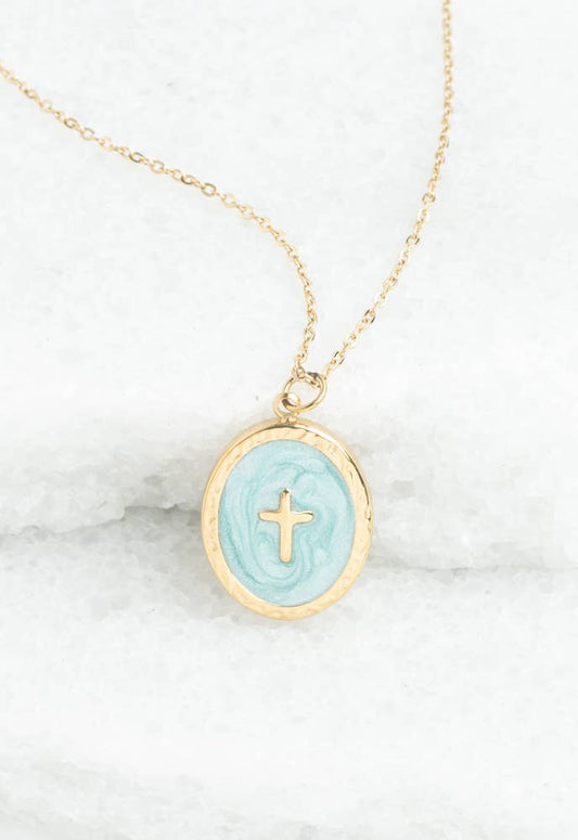 Shine Bright Cross Pendant  in Mint- 14K Gold Plated Oval Pendant Cross Necklace Christian Necklace