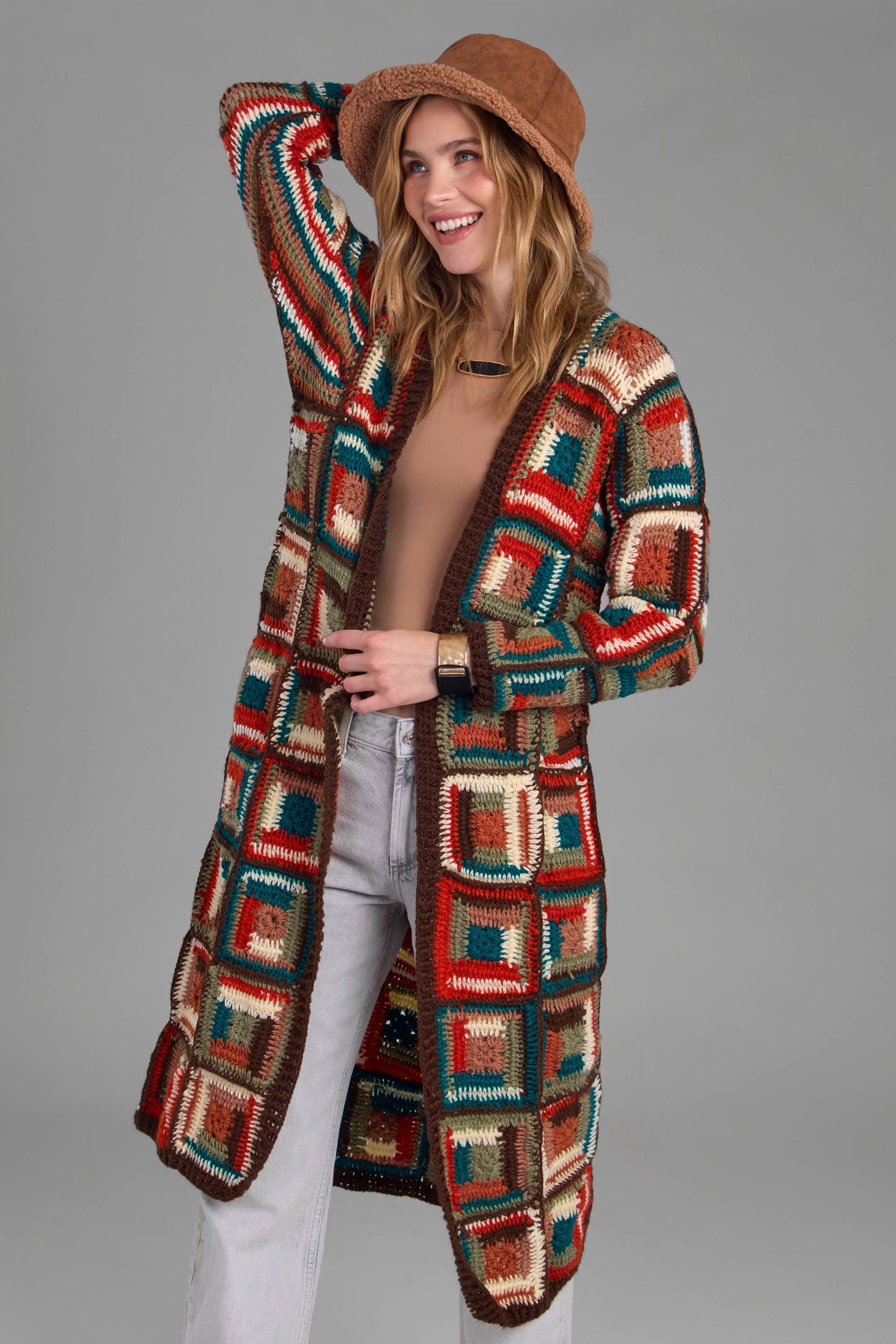Crochet Long Cardigan Marrakesh Jacket: BROWN