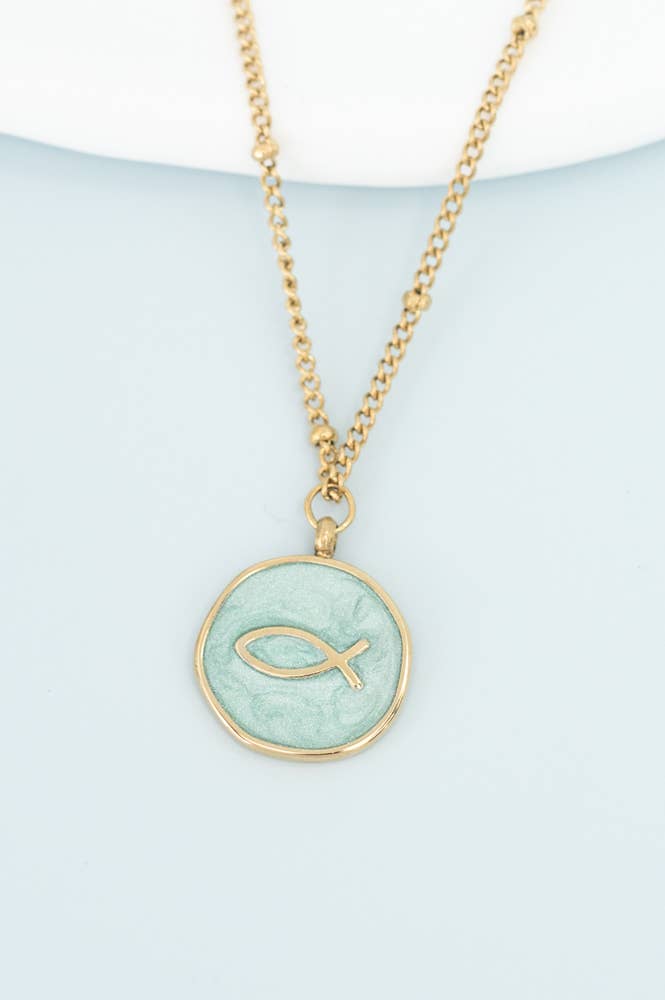 Ichthus Fish Necklace in Mint- 14K Gold Plated Christian Cross Necklace