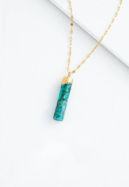 Pillar Necklace in Turquoise- 14K Gold Plated Pendant Necklace with Turquoise Cylinder Pendant