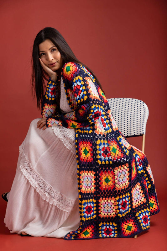 Multi Floral Style Granny Crochet Long Kimono Cardigan: Navy / Small