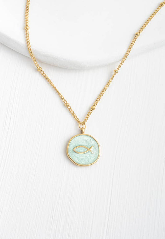 Ichthus Fish Necklace in Mint- 14K Gold Plated Christian Cross Necklace