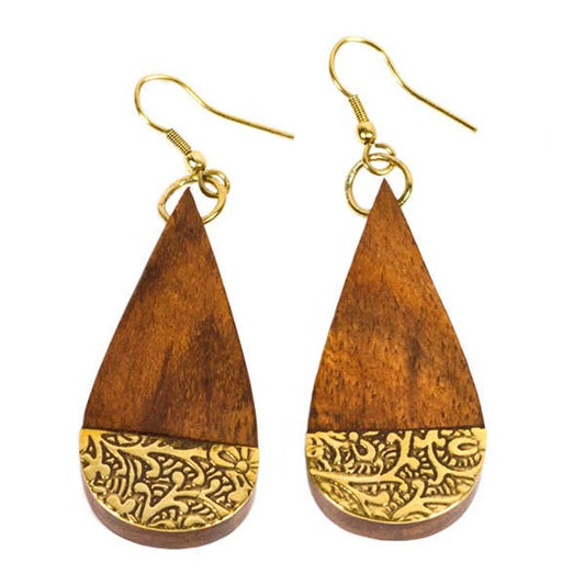 Earth and Fire Teardrop Earrings - Wood, Etched Brass